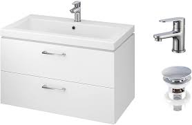 Wit Hoogglans Washand met Onderkast 80 cm - 2 Lades en Click Clack Afvoer