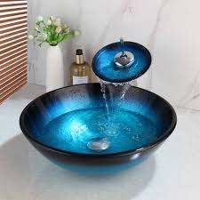 Weixintech Ronde Zwarte & Blauwe Glas Wastafel met Waterval Mixer